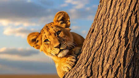 Lion cub climbing a tree in Serengeti National Park, Tanzaniaの素材