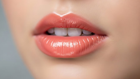 Close up of beautiful female lips with red lipstick. Perfect female lips.の素材