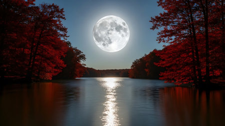 Beautiful autumn landscape with a lake and full moon in the skyの素材