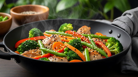 Chicken stir fry with vegetables and sesame seeds in a black panの素材