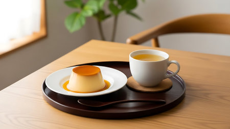 Cup of tea with caramel pudding on wooden table in cafe.の素材