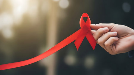World Aids day concept. Red ribbon awareness on blurred background.の素材