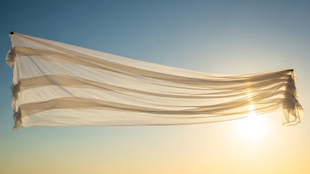 White fabric fluttering in the wind against the background of the setting sunの素材