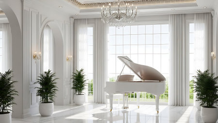 3d render of grand piano in white room with large windows.の素材