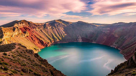panoramic view of Lake Kawah Ijen at sunset, Indonesiaの素材