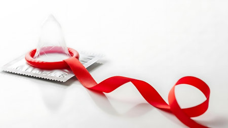 Condom with red ribbon on a white background. Safe sex conceptの素材