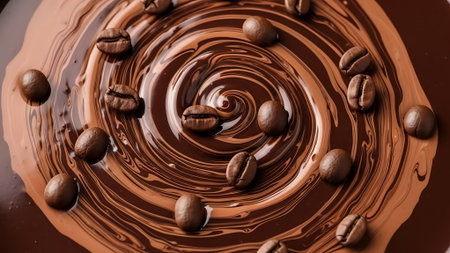 close up of a chocolate cream swirl and coffee beans on a white backgroundの素材