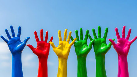 Colorful hands of different nationalities on a blue sky background.の素材