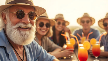 Portrait of smiling senior man in hat and sunglasses with friends on backgroundの素材
