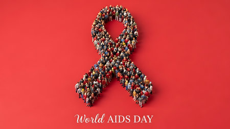 World Aids Day concept with crowd of people and red ribbon on red backgroundの素材