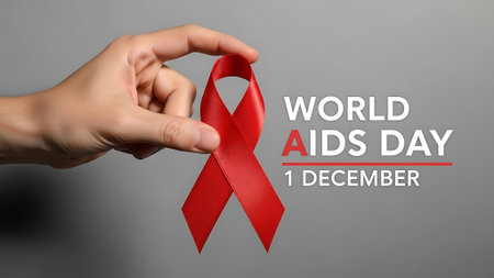 Woman with red ribbon on grey background, closeup. World AIDS day conceptの素材