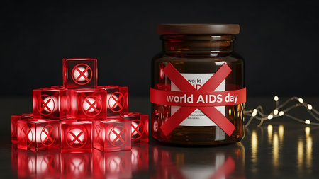 Glass bottle with a red ribbon and cubes with the inscription World Aids Dayの素材
