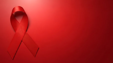 Red ribbon on a red background. World Aids Day concept.の素材
