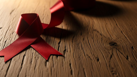 Red ribbon on wooden background. World Aids Day concept. Copy space.の素材
