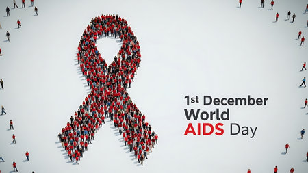 A large group of people in the shape of a red ribbon with the inscription World Aids Day.の素材