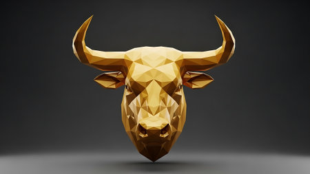 Polygonal bull head isolated on black background. 3D renderingの素材