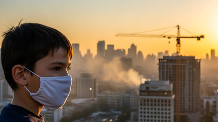 Asian boy wearing face mask against air pollution in the city at sunsetの素材
