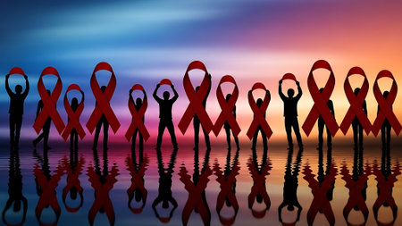 Silhouette of a group of people with red ribbons.の素材