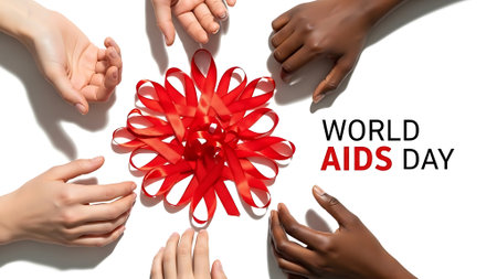 World AIDS Day concept with hands and red ribbon on white background.の素材