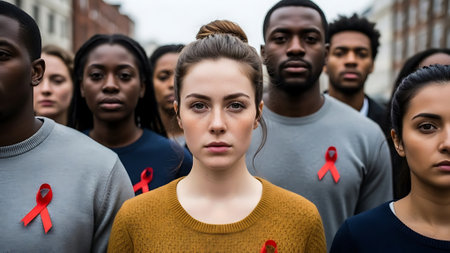 selective focus of woman with red ribbon looking at camera near multicultural friendsの素材
