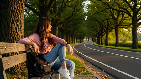 Young woman sitting on a bench in the park and looking into the distanceの素材
