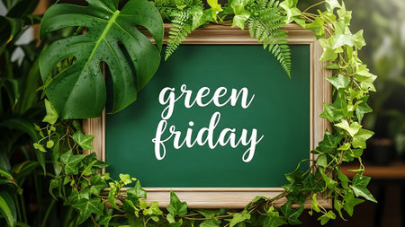 Green chalkboard with green leaves and plant in cafe, stock photoの素材