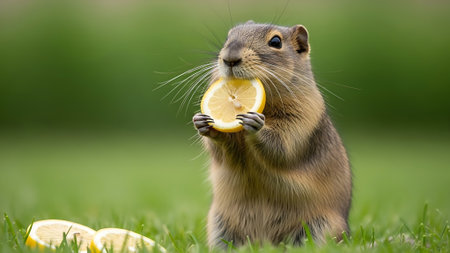 Cute ground squirrel eating a slice of lemon in the grass.の素材