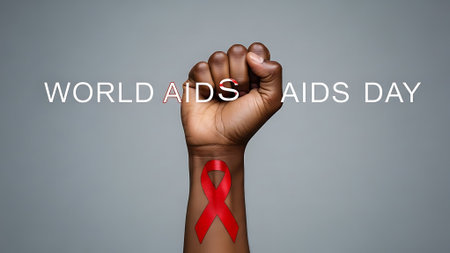 Human hand with red ribbon. World AIDS day concept. 3D Renderingの素材