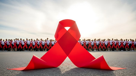 Conceptual image of a large group of people forming a red ribbon symbolizing the fight against breast cancerの素材