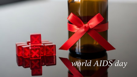World AIDS Day concept with red cubes and bottle of wine on black backgroundの素材