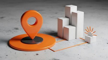 Orange pin on the map. 3d render. Business concept.の素材