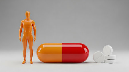 Pills and human figure on white background. 3D illustration.の素材