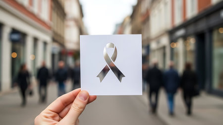 Hand holding white card with black ribbon on it in front of blurred backgroundの素材