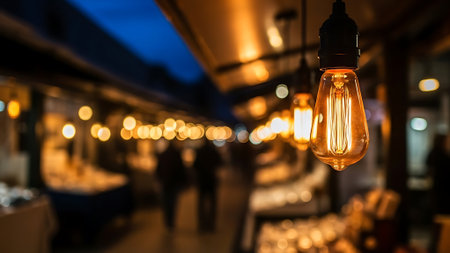 Retro light bulb on blurred background of restaurant. Filtered image.の素材