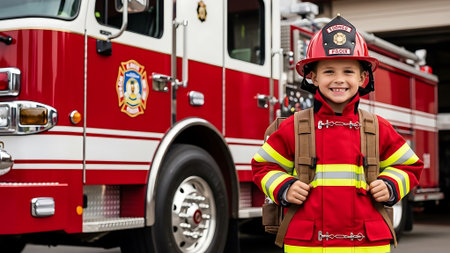 Portrait of a boy firefighter standing in front of a fire engineの素材