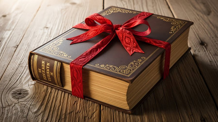 Old book tied with a red ribbon on a wooden background. Toned.の素材