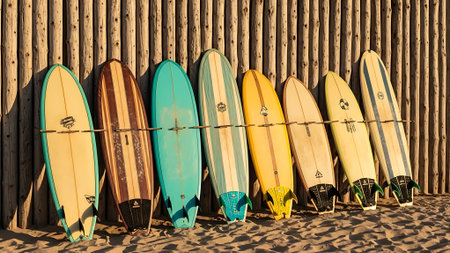 Surfboards in a row on a wooden wall background, retro tonedの素材