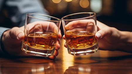 Close-up image of two hands holding glasses of whiskey on the tableの素材