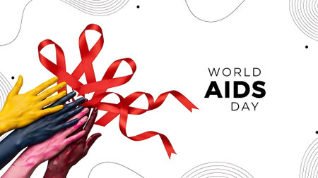 World AIDS Day banner. Hands with red ribbon. Vector illustration.の素材