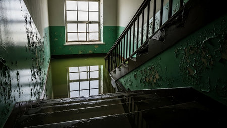 Abandoned corridor in an old building with green walls and stairsの素材