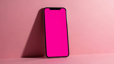 Smartphone with pink screen on pink background. Minimal concept.の素材