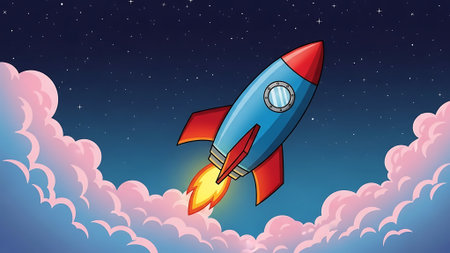 Rocket in the night sky. Vector illustration of a cartoon rocket.の素材