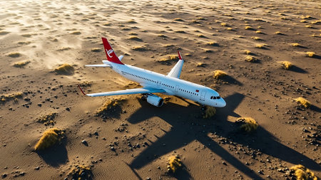 3D illustration of a passenger airplane flying in the desert at sunsetの素材