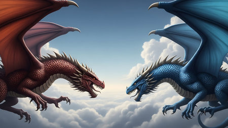 Three dragons flying in the blue sky. 3D rendering image.の素材