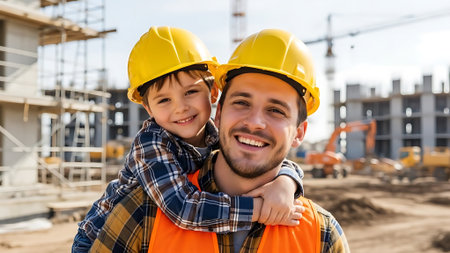 happy father and son in hardhats hugging at building construction siteの素材