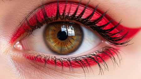 Close up of beautiful female eye with long eyelashes and red makeup.の素材
