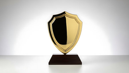3d rendering of a golden shield isolated on a white background.の素材