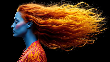 Digital Illustration of a Woman with Long Red Hair in the Windの素材