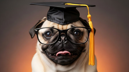 pug dog wearing graduation cap and eyeglasses on gradient backgroundの素材