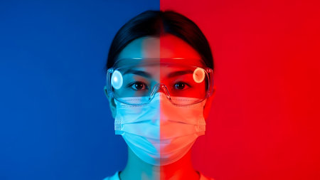 Portrait of a beautiful Asian woman in a medical mask and glasses on a colored background.の素材